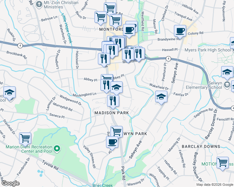 map of restaurants, bars, coffee shops, grocery stores, and more near 1520 Mockingbird Lane in Charlotte