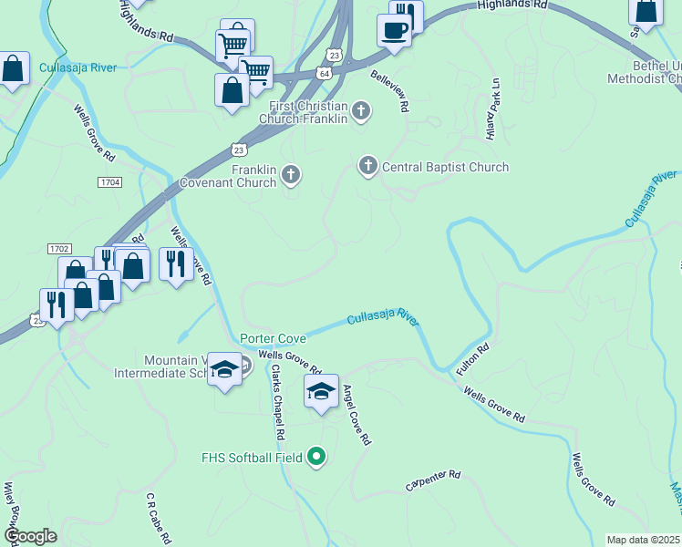 map of restaurants, bars, coffee shops, grocery stores, and more near 85 Pennington Drive in Franklin
