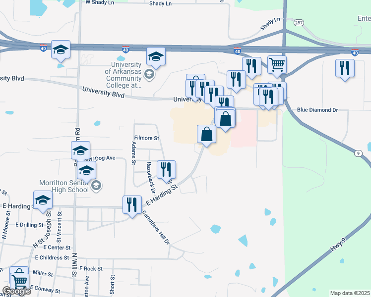 map of restaurants, bars, coffee shops, grocery stores, and more near 1609 East Harding Street in Morrilton