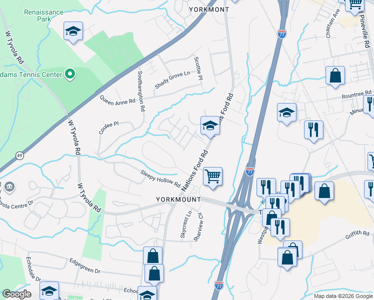 map of restaurants, bars, coffee shops, grocery stores, and more near 5406 Franklin Springs Circle in Charlotte