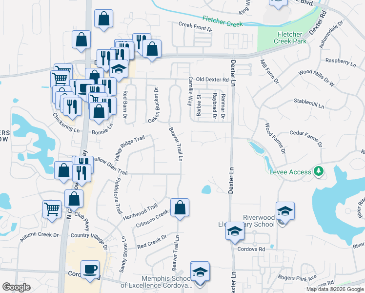 map of restaurants, bars, coffee shops, grocery stores, and more near 8363 Wind River Circle West in Memphis