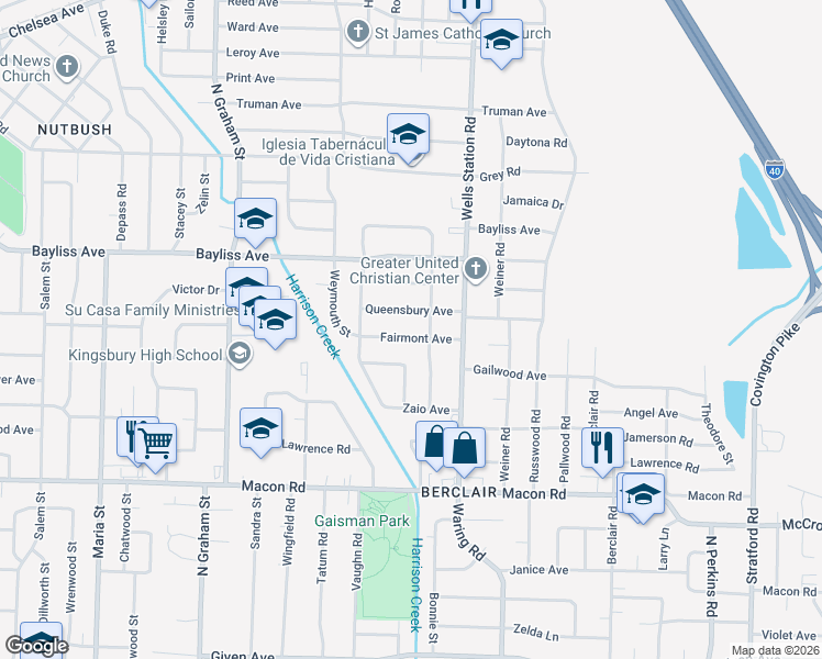 map of restaurants, bars, coffee shops, grocery stores, and more near 4247 Queensbury Avenue in Memphis