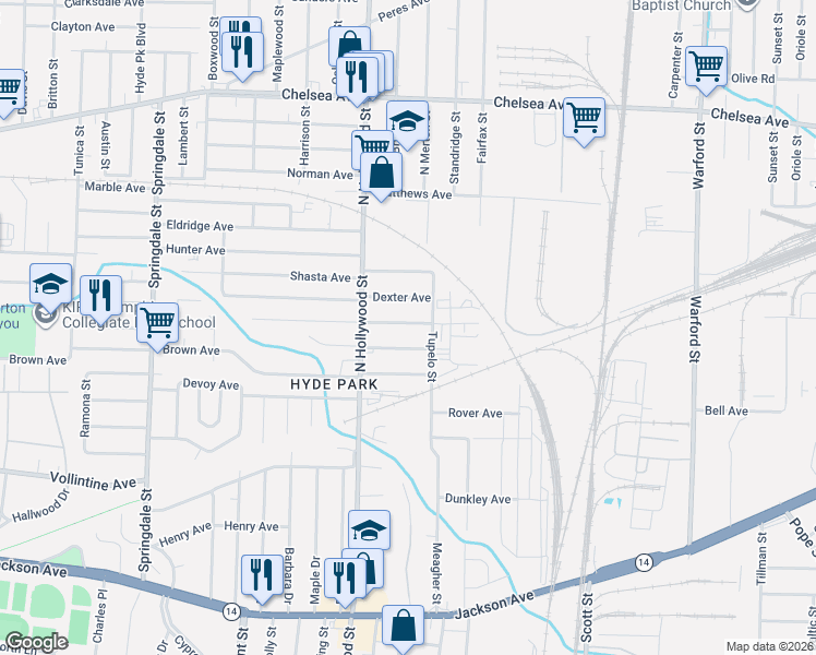 map of restaurants, bars, coffee shops, grocery stores, and more near 2480 Vandale Avenue in Memphis