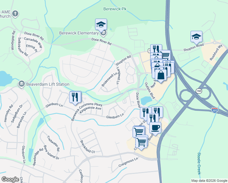 map of restaurants, bars, coffee shops, grocery stores, and more near 5904 Heriot Field Drive in Charlotte