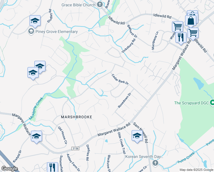 map of restaurants, bars, coffee shops, grocery stores, and more near 4026 Raccoon Run Court in Matthews
