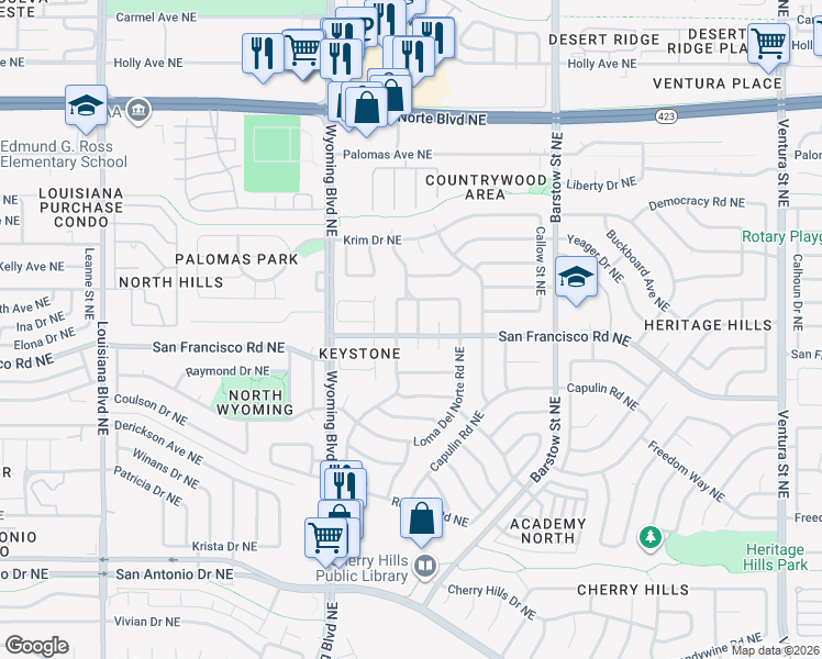 map of restaurants, bars, coffee shops, grocery stores, and more near 7608 Union Street Northeast in Albuquerque
