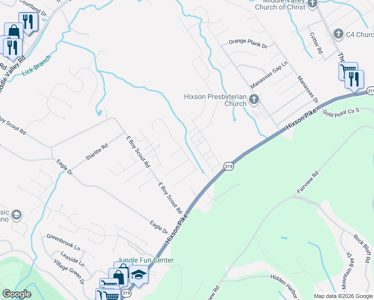 map of restaurants, bars, coffee shops, grocery stores, and more near 1705 Gunston Hall Road in Chattanooga