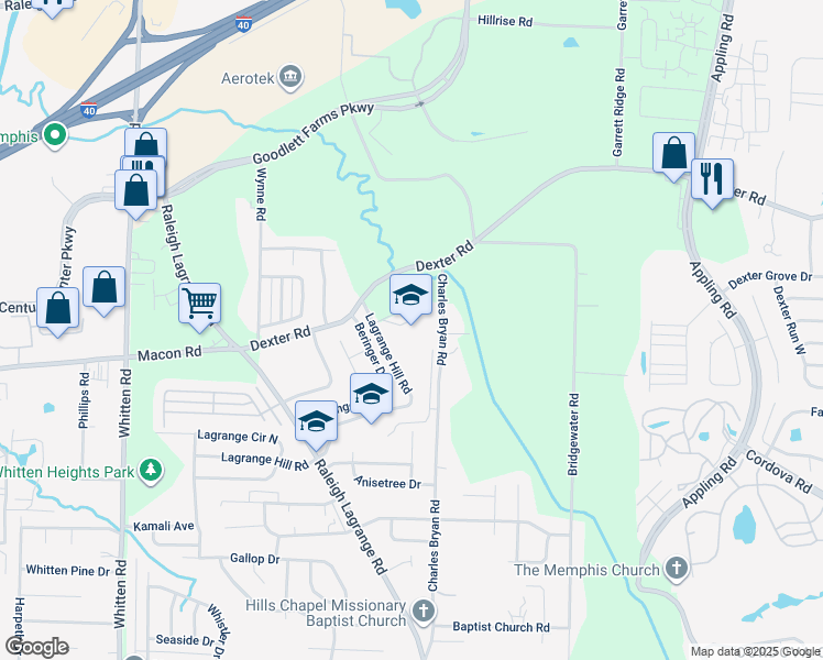 map of restaurants, bars, coffee shops, grocery stores, and more near 7105 Dexter Road in Shelby County
