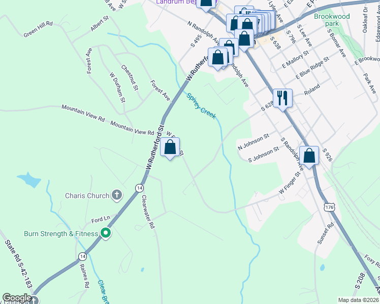 map of restaurants, bars, coffee shops, grocery stores, and more near 632 West Finger Street in Landrum