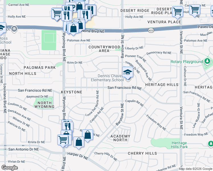 map of restaurants, bars, coffee shops, grocery stores, and more near 7609 Jemez Street Northeast in Albuquerque
