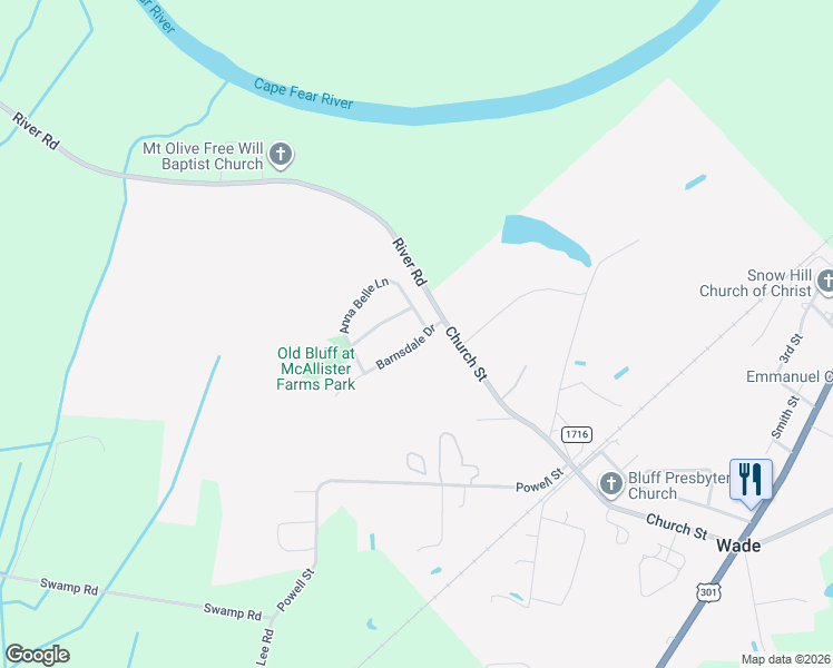 map of restaurants, bars, coffee shops, grocery stores, and more near 3924 Barclay Way in Wade