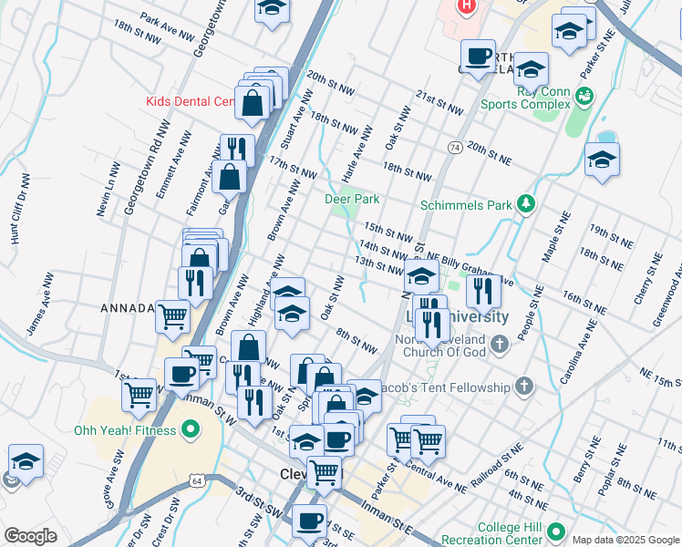map of restaurants, bars, coffee shops, grocery stores, and more near 1000 Oak Street Northwest in Cleveland