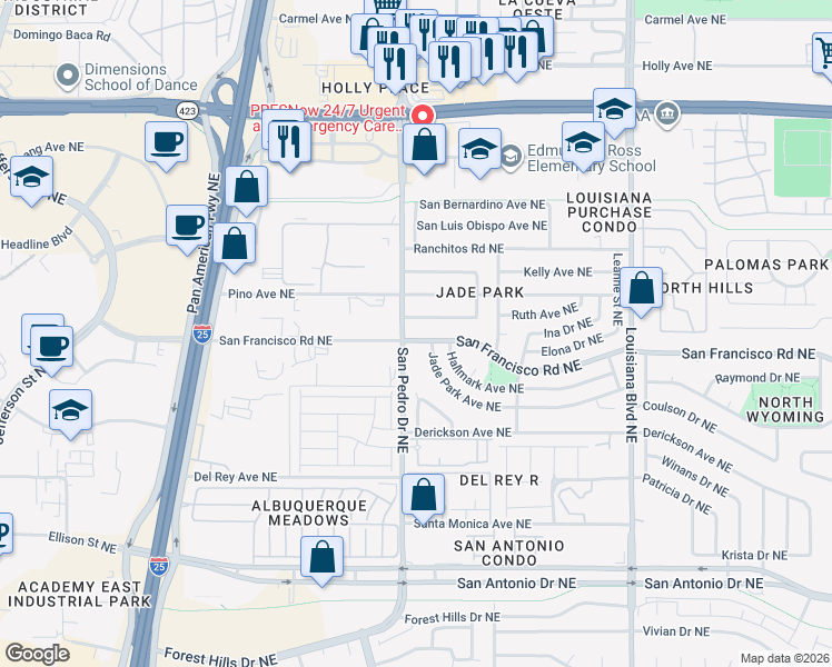 map of restaurants, bars, coffee shops, grocery stores, and more near 6516 Ruth Avenue Northeast in Albuquerque