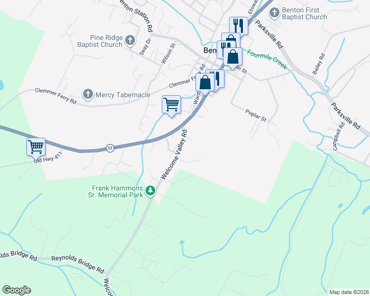 map of restaurants, bars, coffee shops, grocery stores, and more near 1968 Welcome Valley Rd in Benton