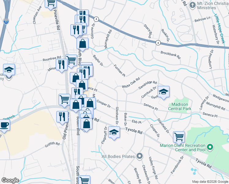 map of restaurants, bars, coffee shops, grocery stores, and more near 5100 Glenham Drive in Charlotte
