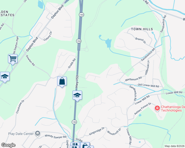 map of restaurants, bars, coffee shops, grocery stores, and more near 425 Stoneridge Drive in Chattanooga