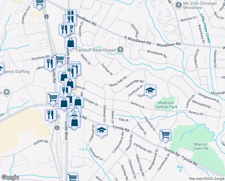 map of restaurants, bars, coffee shops, grocery stores, and more near 5111 Baker Dr in Charlotte