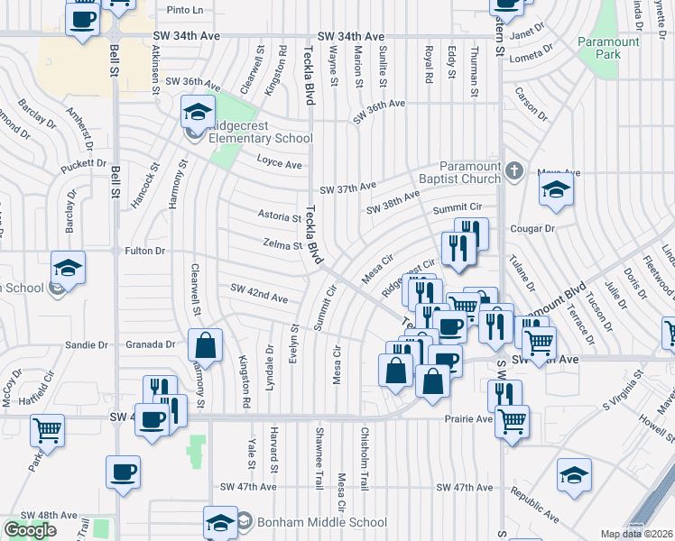 map of restaurants, bars, coffee shops, grocery stores, and more near 3911 Teckla Boulevard in Amarillo