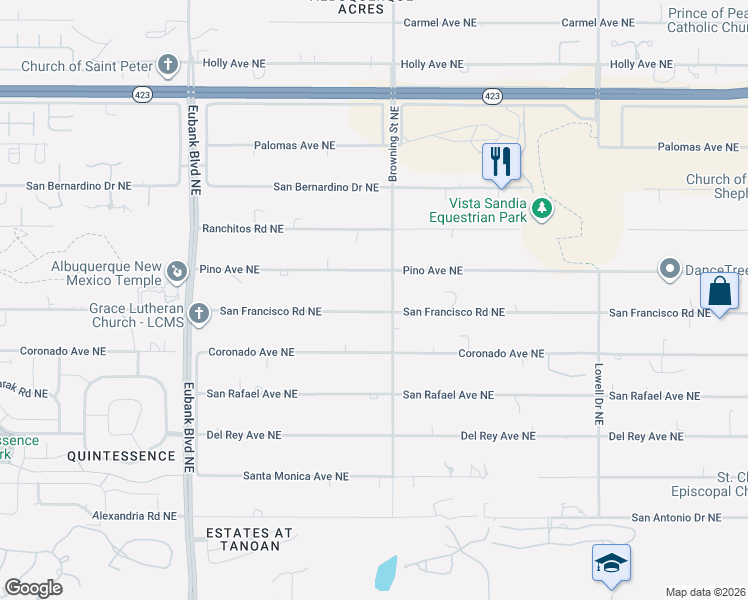 map of restaurants, bars, coffee shops, grocery stores, and more near 11115 San Francisco Road Northeast in Albuquerque
