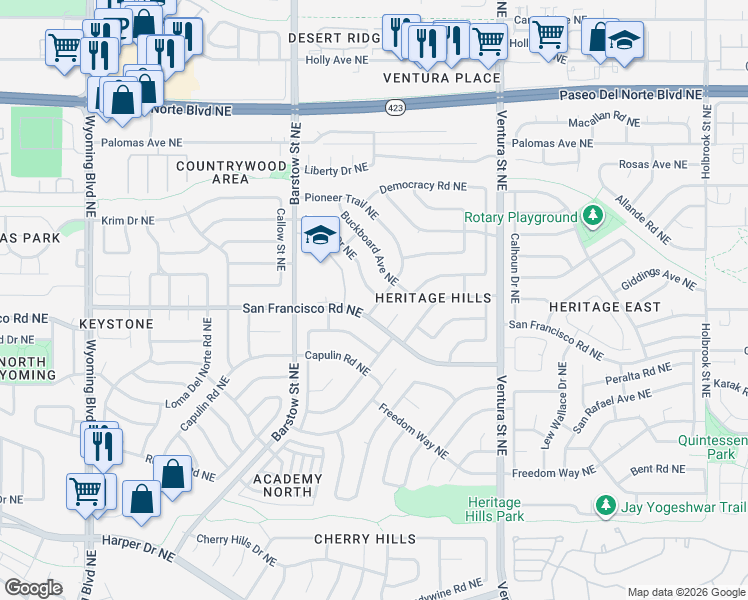 map of restaurants, bars, coffee shops, grocery stores, and more near 8538 Yeager Drive Northeast in Albuquerque