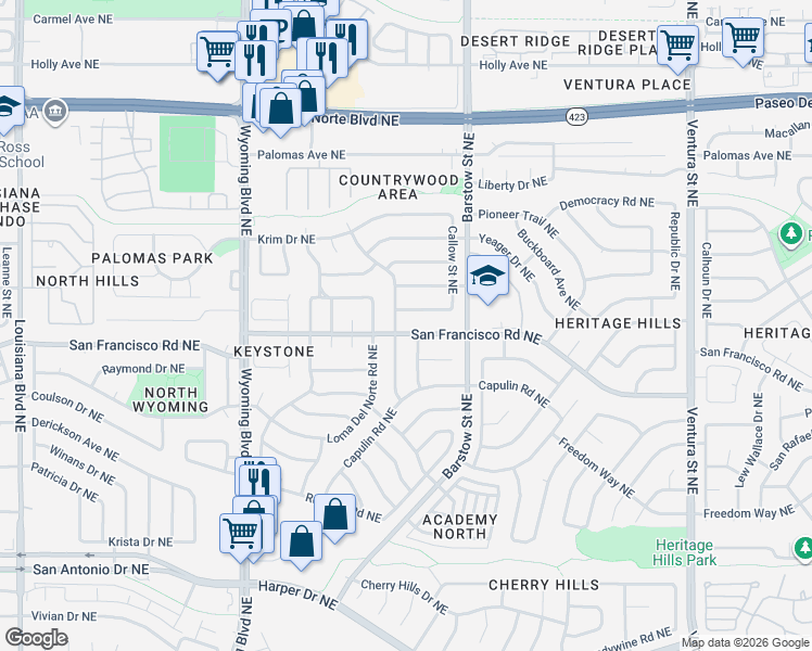 map of restaurants, bars, coffee shops, grocery stores, and more near 7609 Jemez Street Northeast in Albuquerque