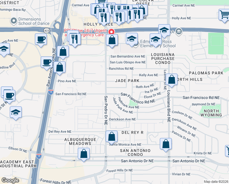 map of restaurants, bars, coffee shops, grocery stores, and more near 6516 Ruth Avenue Northeast in Albuquerque