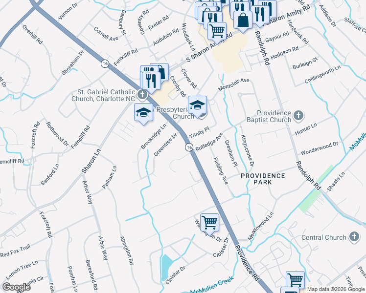 map of restaurants, bars, coffee shops, grocery stores, and more near 3200 Providence Road in Charlotte