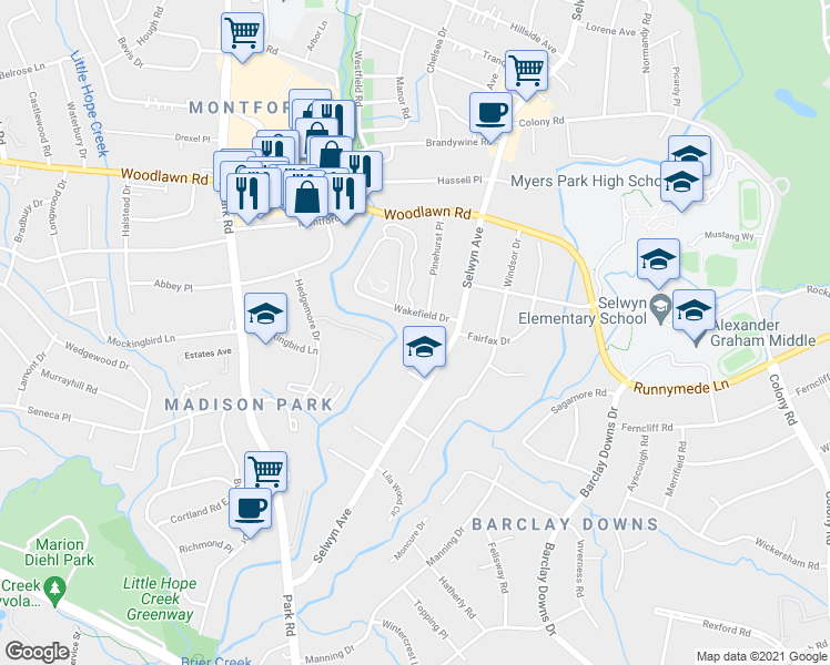 map of restaurants, bars, coffee shops, grocery stores, and more near 219 Wakefield Drive in Charlotte