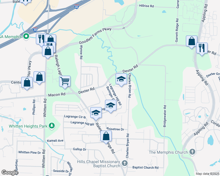map of restaurants, bars, coffee shops, grocery stores, and more near 1544 Beringer Drive in Shelby County