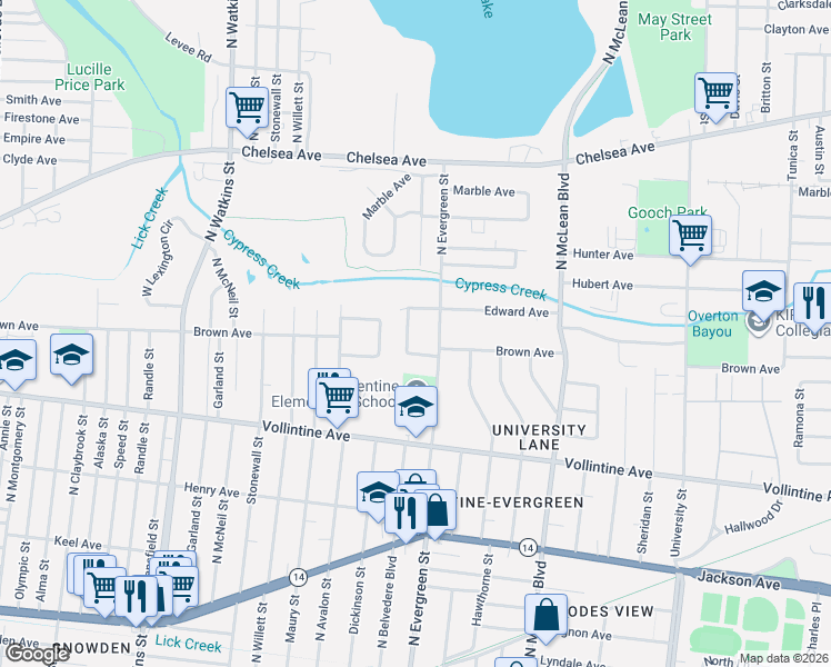map of restaurants, bars, coffee shops, grocery stores, and more near 1072 North Belvedere Boulevard in Memphis