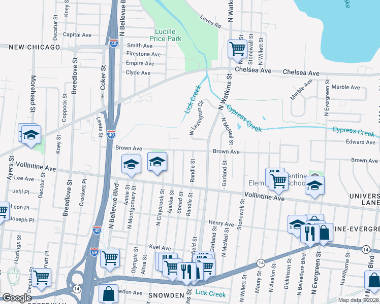 map of restaurants, bars, coffee shops, grocery stores, and more near 1350 Brown Avenue in Memphis
