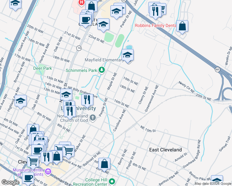 map of restaurants, bars, coffee shops, grocery stores, and more near 1730 Baugh Street Northeast in Cleveland