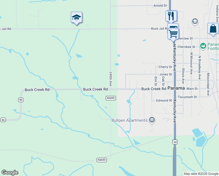 map of restaurants, bars, coffee shops, grocery stores, and more near 415 Buck Creek Road in Bokoshe