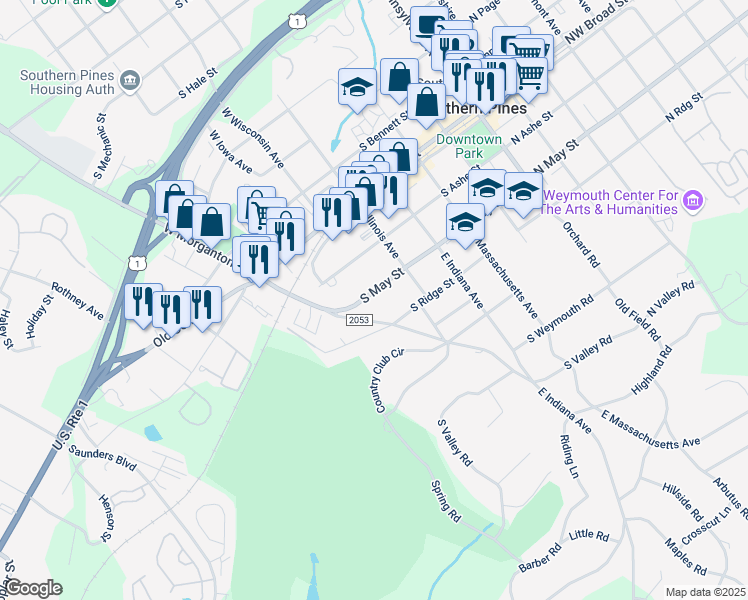 map of restaurants, bars, coffee shops, grocery stores, and more near 625 South May Street in Southern Pines