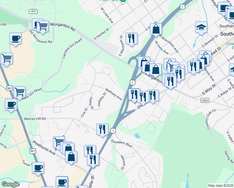 map of restaurants, bars, coffee shops, grocery stores, and more near 375 Rothney Avenue in Southern Pines