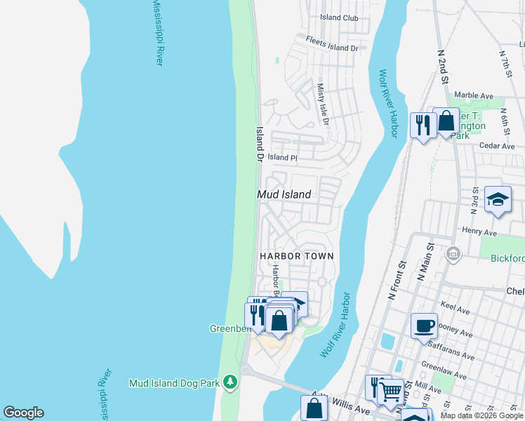 map of restaurants, bars, coffee shops, grocery stores, and more near 960 Island Drive in Memphis