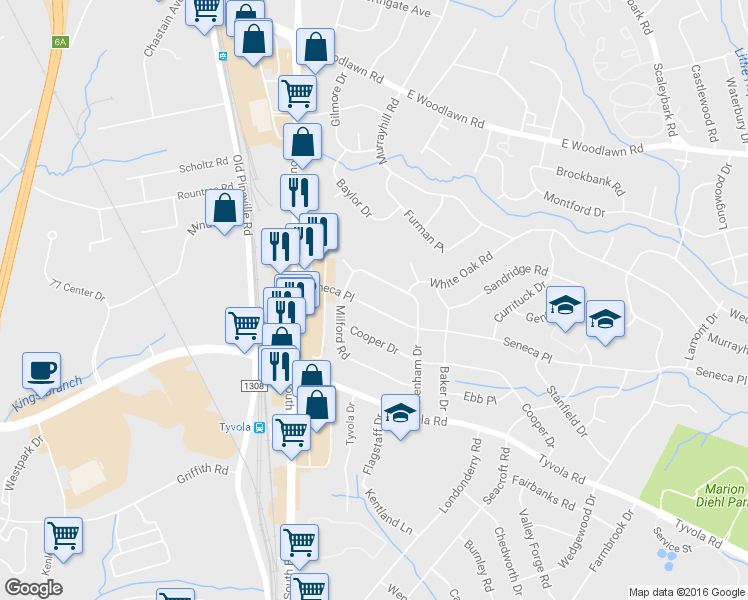 map of restaurants, bars, coffee shops, grocery stores, and more near 231 Seneca Place in Charlotte
