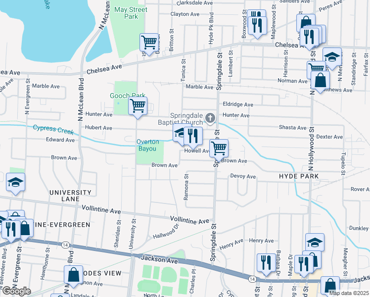 map of restaurants, bars, coffee shops, grocery stores, and more near 2126 Howell Avenue in Memphis