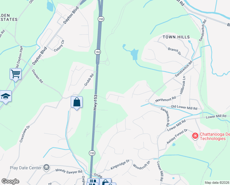 map of restaurants, bars, coffee shops, grocery stores, and more near 425 Stoneridge Drive in Chattanooga