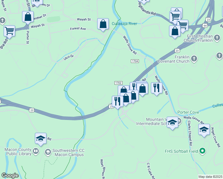 map of restaurants, bars, coffee shops, grocery stores, and more near 62 Deerfield Ridge in Franklin