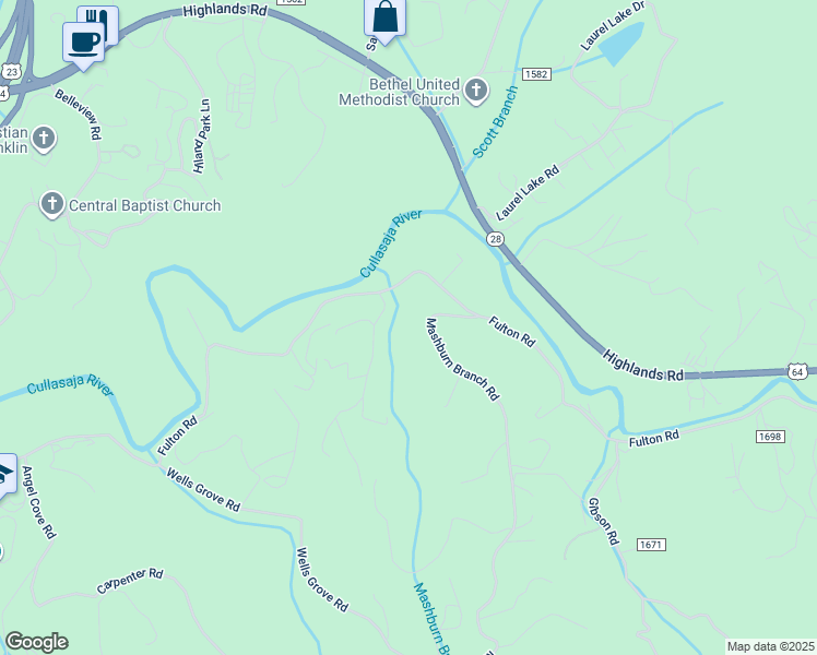 map of restaurants, bars, coffee shops, grocery stores, and more near 121 Mashburn Branch Road in Franklin