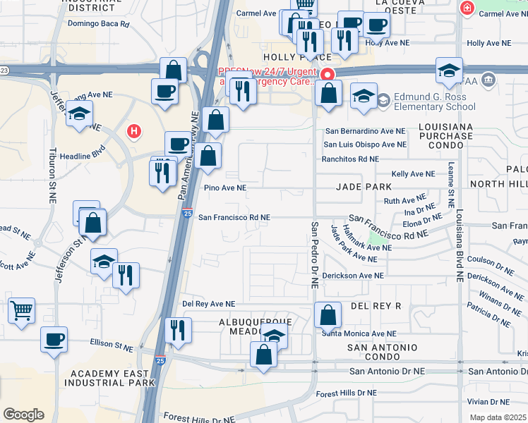 map of restaurants, bars, coffee shops, grocery stores, and more near 6001 San Francisco Road Northeast in Albuquerque