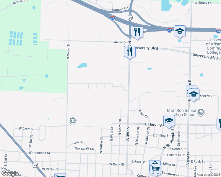 map of restaurants, bars, coffee shops, grocery stores, and more near 201 Meadow Lynn Road in Morrilton