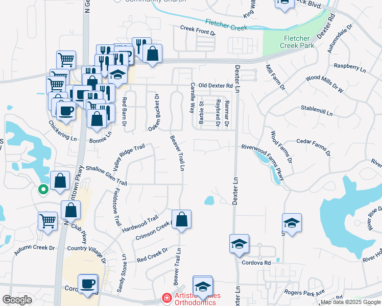 map of restaurants, bars, coffee shops, grocery stores, and more near 8363 Wind River Circle West in Memphis