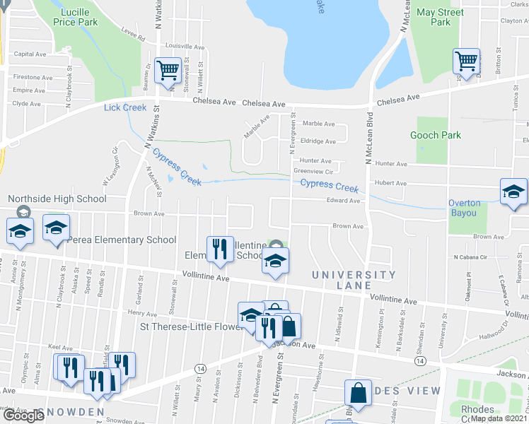 map of restaurants, bars, coffee shops, grocery stores, and more near 1069 North Belvedere Boulevard in Memphis