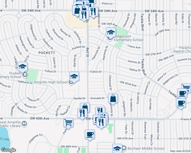 map of restaurants, bars, coffee shops, grocery stores, and more near 5610 Southwest 39th Avenue in Amarillo