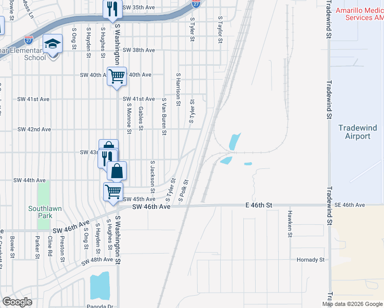 map of restaurants, bars, coffee shops, grocery stores, and more near 101 Southwest 43rd Avenue in Amarillo