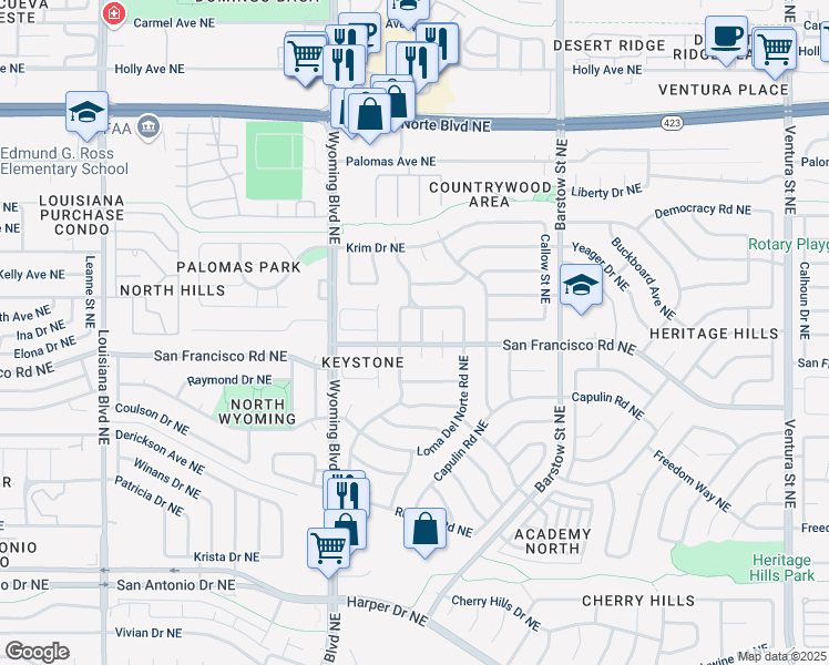 map of restaurants, bars, coffee shops, grocery stores, and more near 7608 Union Street Northeast in Albuquerque