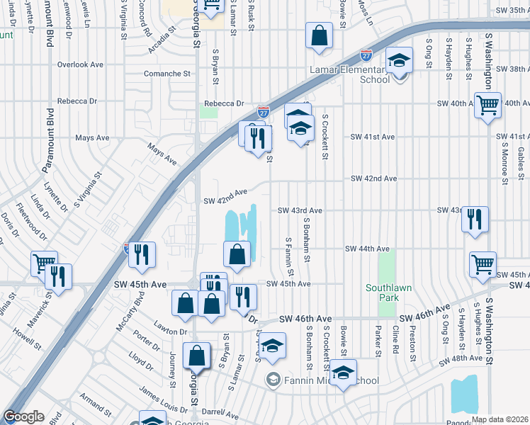 map of restaurants, bars, coffee shops, grocery stores, and more near 4240 South Austin Street in Amarillo