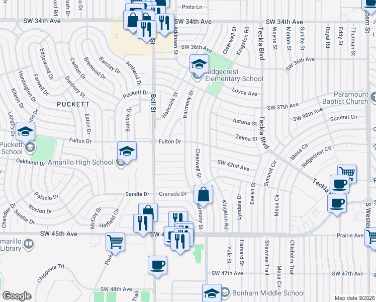 map of restaurants, bars, coffee shops, grocery stores, and more near 3805 Harmony Street in Amarillo